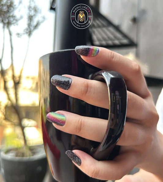 Black Nails With Glitter - Midnight Prism Sparkle - Nail Wraps (Standard)