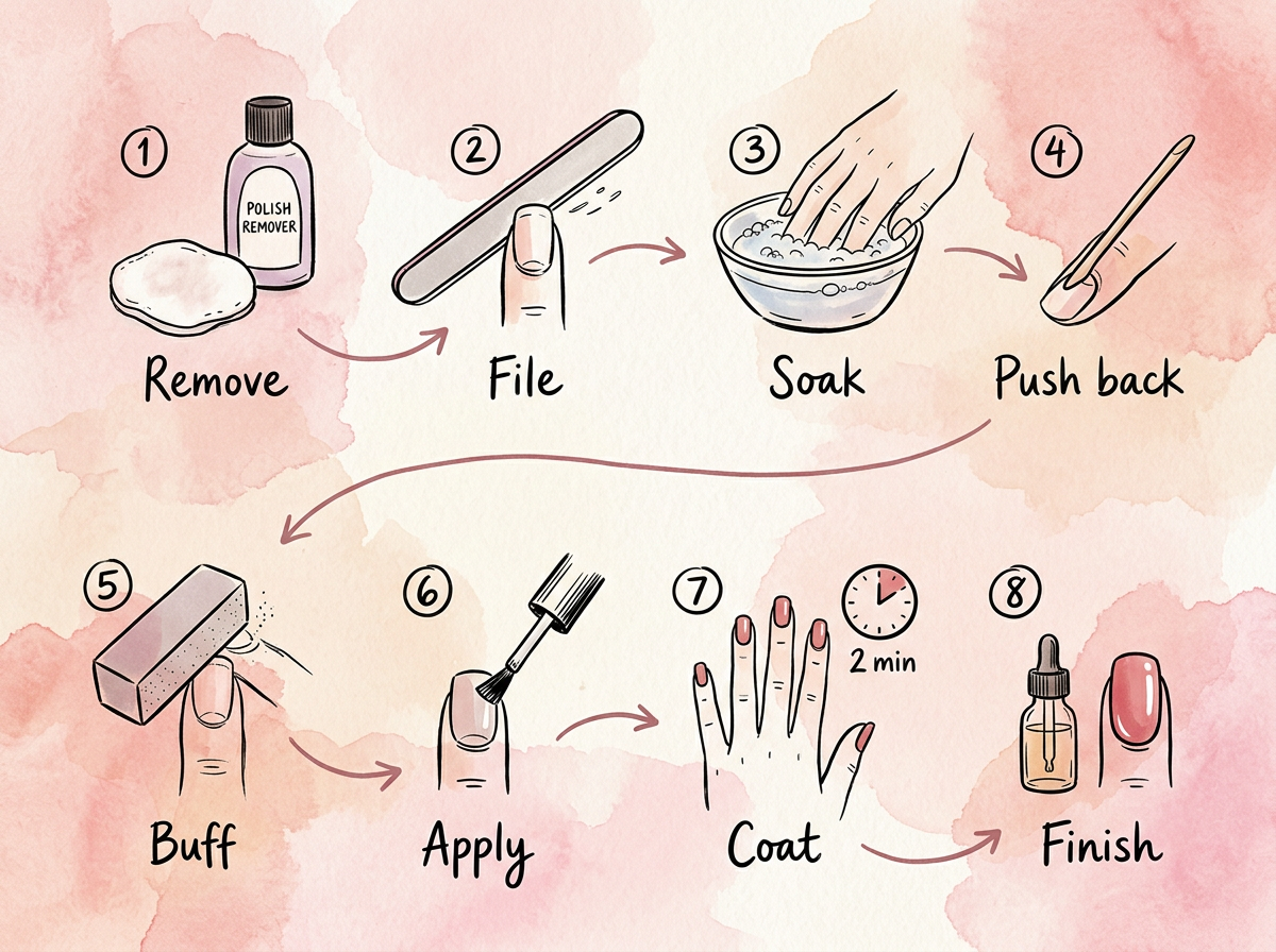 Editorial sketch diagram showing the 8 steps of an at-home manicure from polish removal to finishing cuticle oil