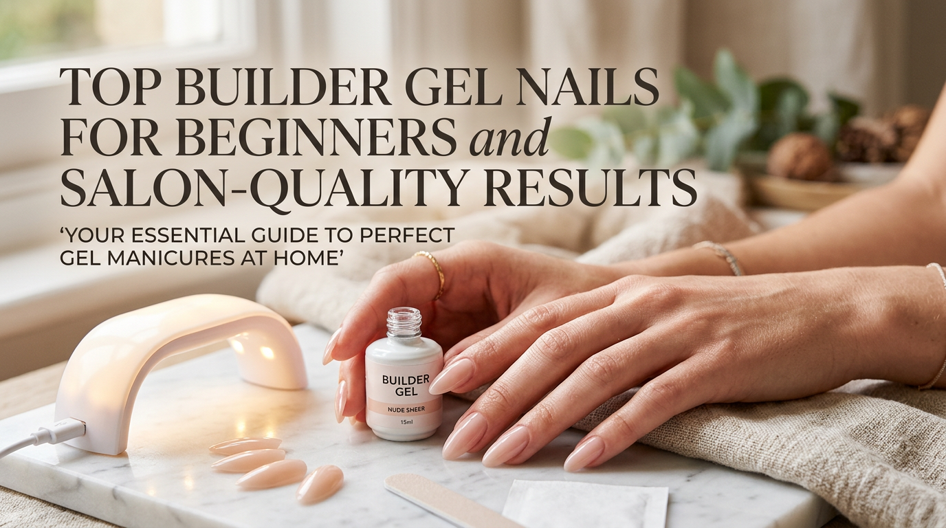 Glossy nude builder gel nails on a manicured hand beside a curing lamp and gel bottle, magazine cover style