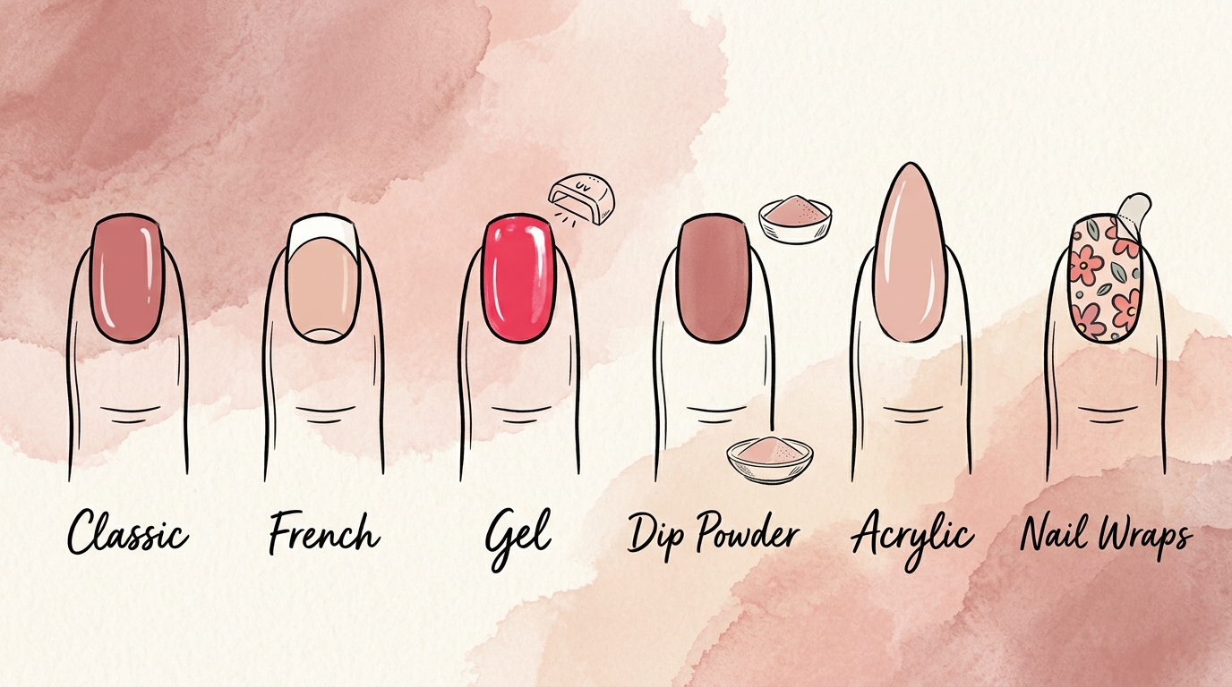 Hand-drawn comparison of the six main manicure types in 2026: classic, French, gel, dip powder, acrylic, and nail wraps