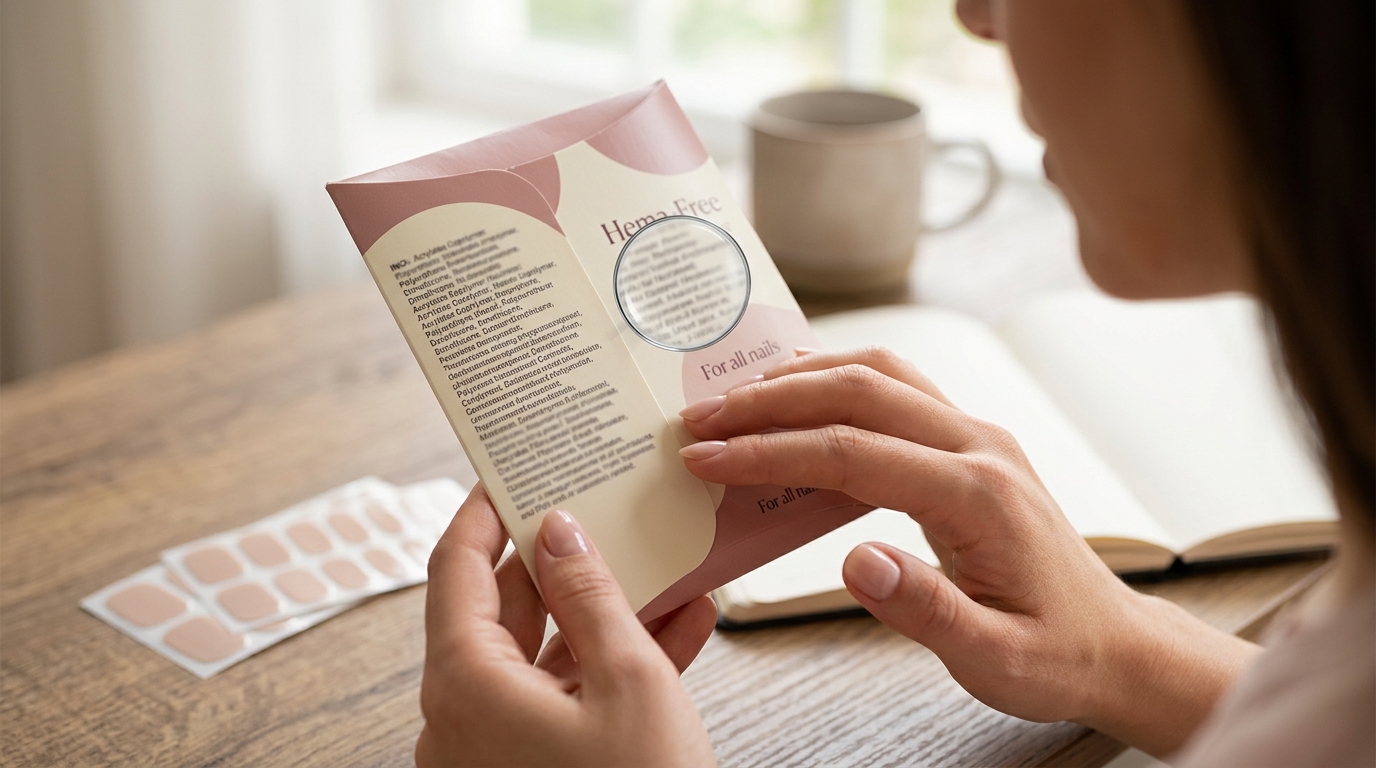 Reading the ingredient list to confirm a truly HEMA-free gel nail strip product
