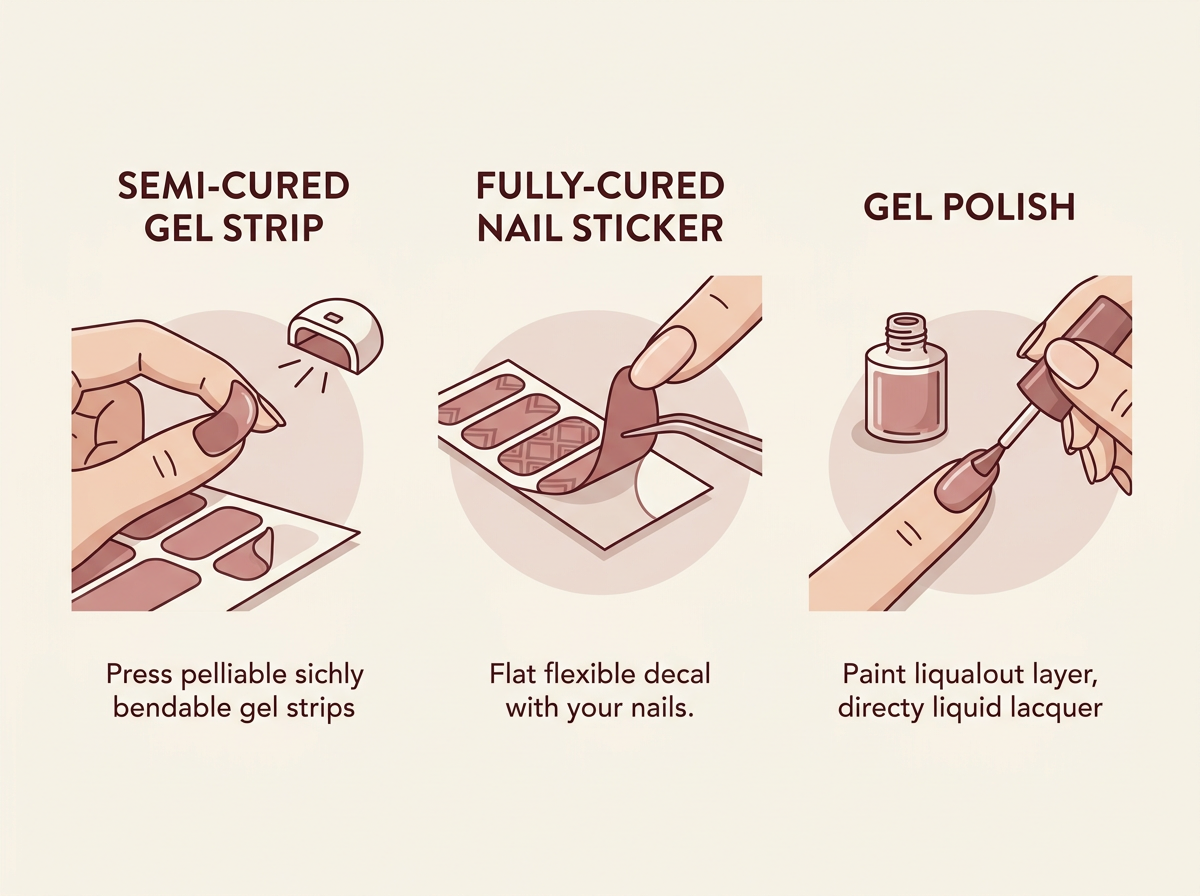 Comparison of semi-cured HEMA-free gel nail strips versus stickers and gel polish formats
