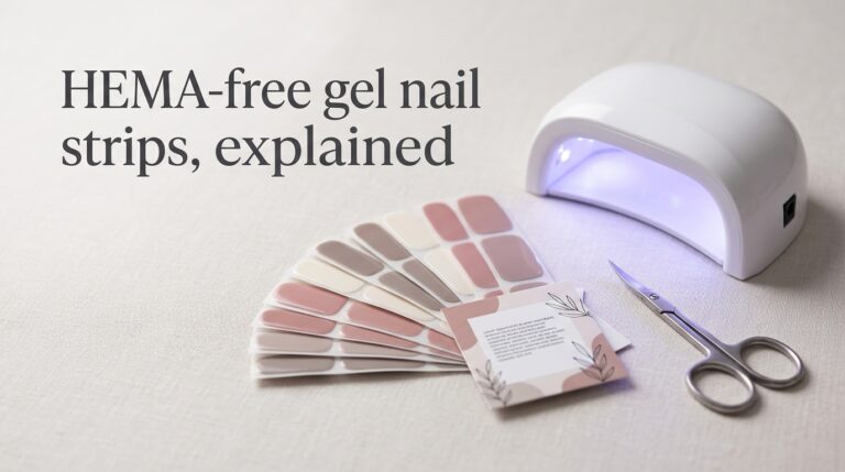 HEMA-free gel nail strips with a UV curing lamp in a soft flat-lay, article title shown