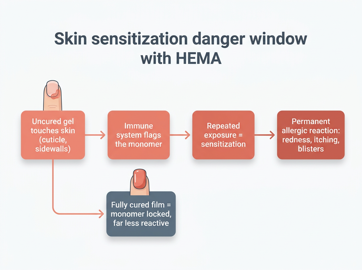 Diagram of how uncured gel causes acrylate skin sensitization, relevant to HEMA-free gel nail strips