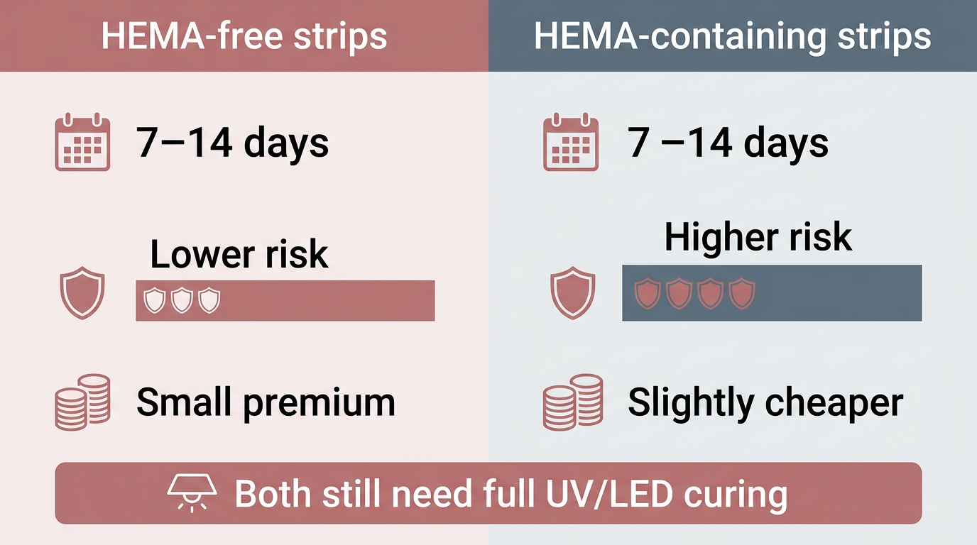 Infographic comparing HEMA-free gel nail strips and HEMA-containing strips on wear, risk and price